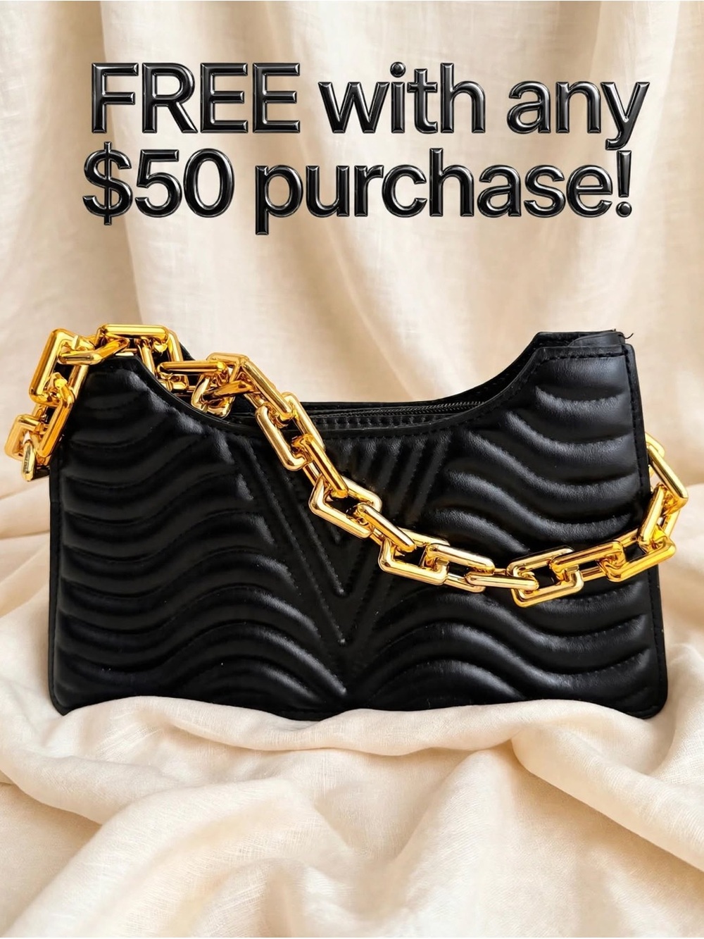 🆓 Black Quilted Baguette Shoulder Satchel Bag |Chunky Gold Chain Chevron Purse